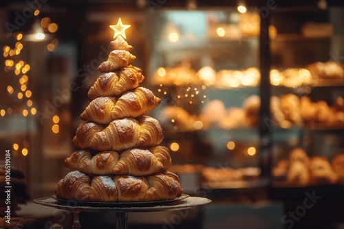 Croissant stack shaped like a Christmas tree, decorated with powdered sugar and glowing lights, topped with a golden star, festive bakery concept
