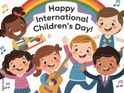 Joyful celebration of happy international children's day with smiling kids and music photo