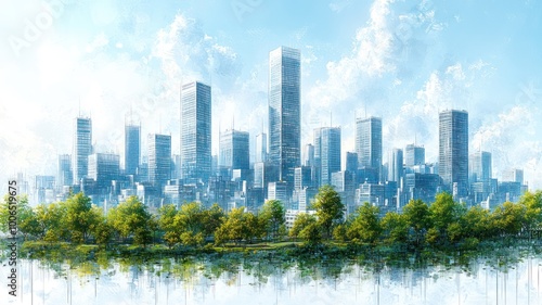 A vibrant city skyline with modern skyscrapers and greenery.