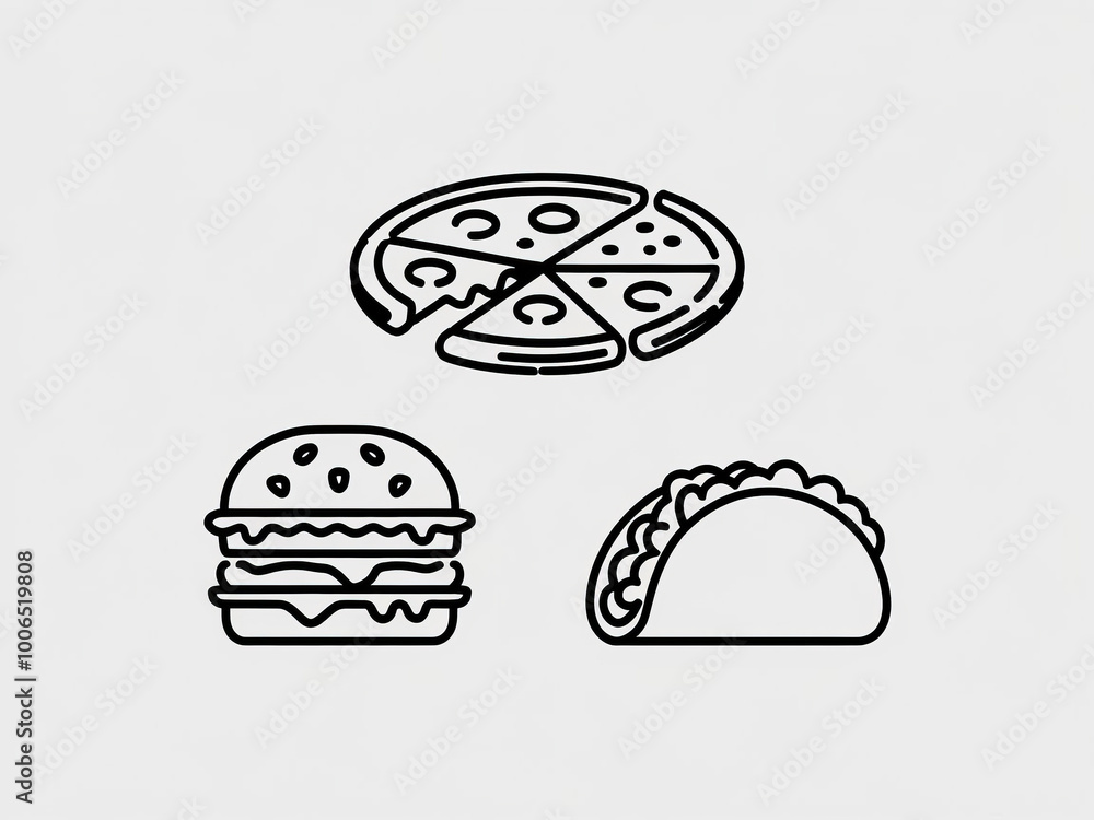 Minimalist line icons of pizza, burger, and taco on white background Minimalist line icons of pizza, burger, and taco on white background