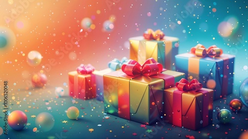 Colorful gift boxes with ribbons and bows, surrounded by floating ornaments and sparkles against a vibrant, gradient background.
