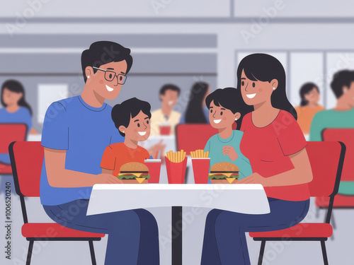 Happy family dining at a fast food restaurant: togetherness, smiles, and burgers