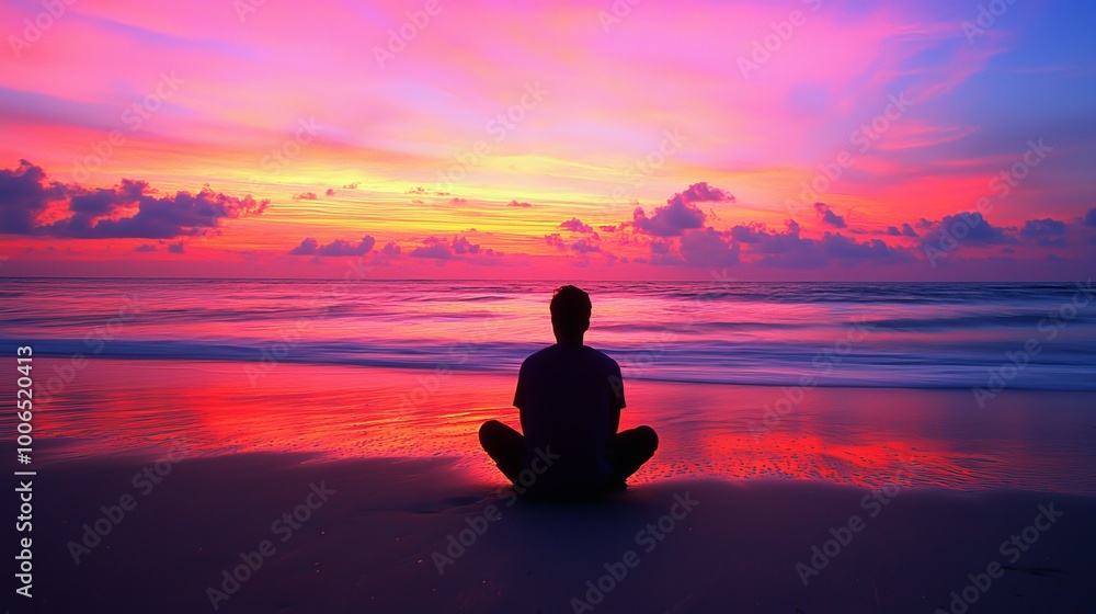 Silhouette of a young man sitting alone on a beach at sunset, reflecting in solitude with a colorful sky of orange, pink, and purple hues Silhouette of a young man sitting alone on a beach at sunset, reflecting in solitude with a colorful sky of orange, pink, and purple hues
