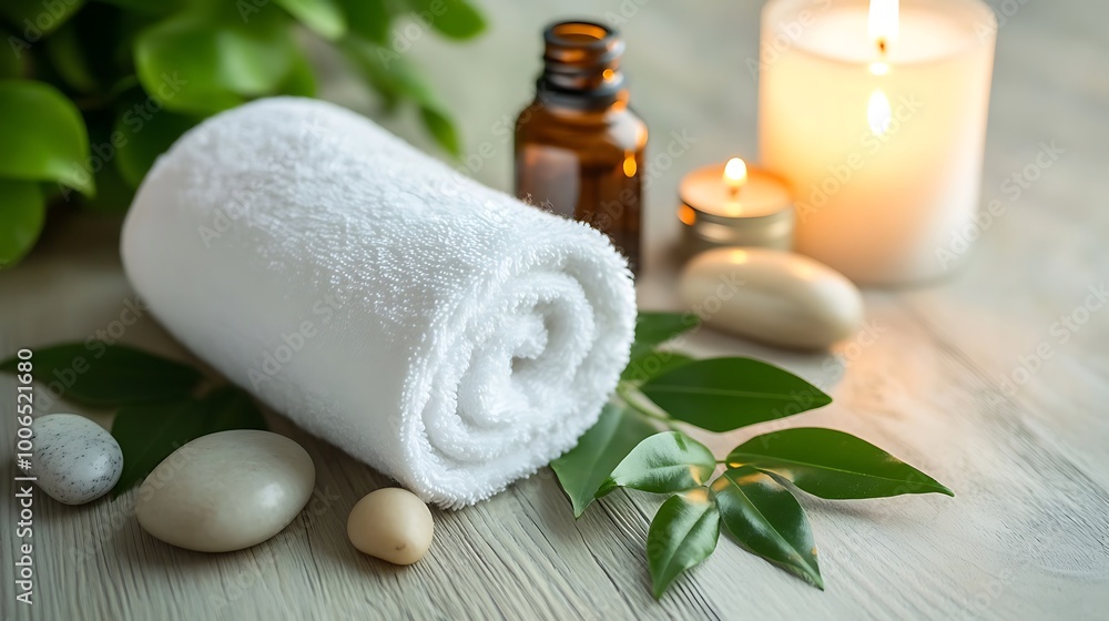 Zen spa scene with a white towel, essential oils, candles, and smooth stones. Perfect for wellness, relaxation, and beauty themes.