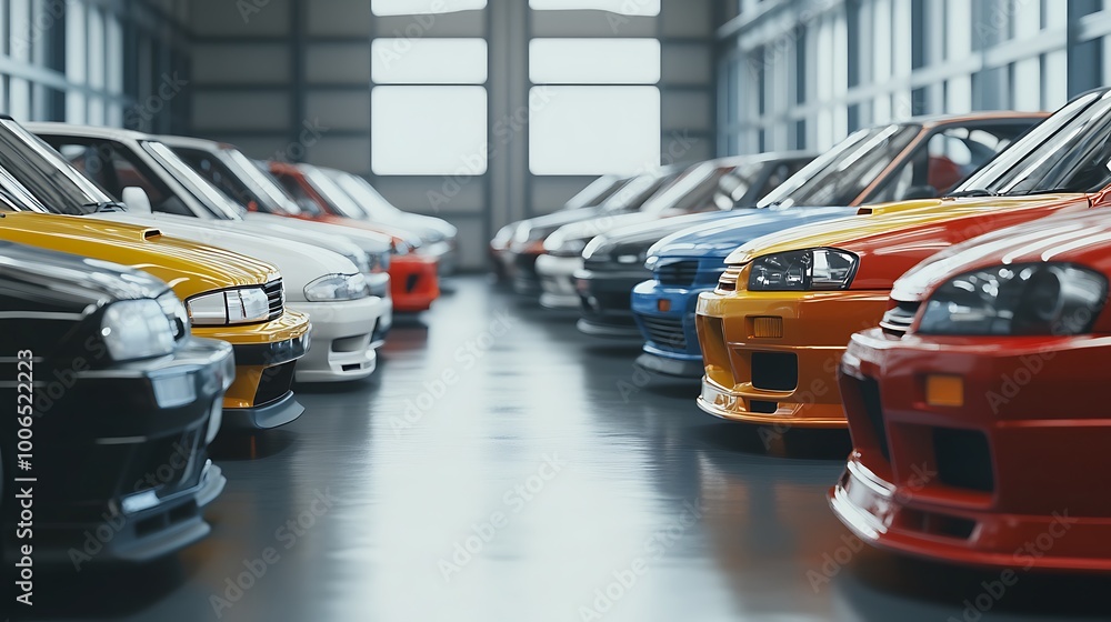 Row of Shiny Sports Cars in a Garage Row of Shiny Sports Cars in a Garage