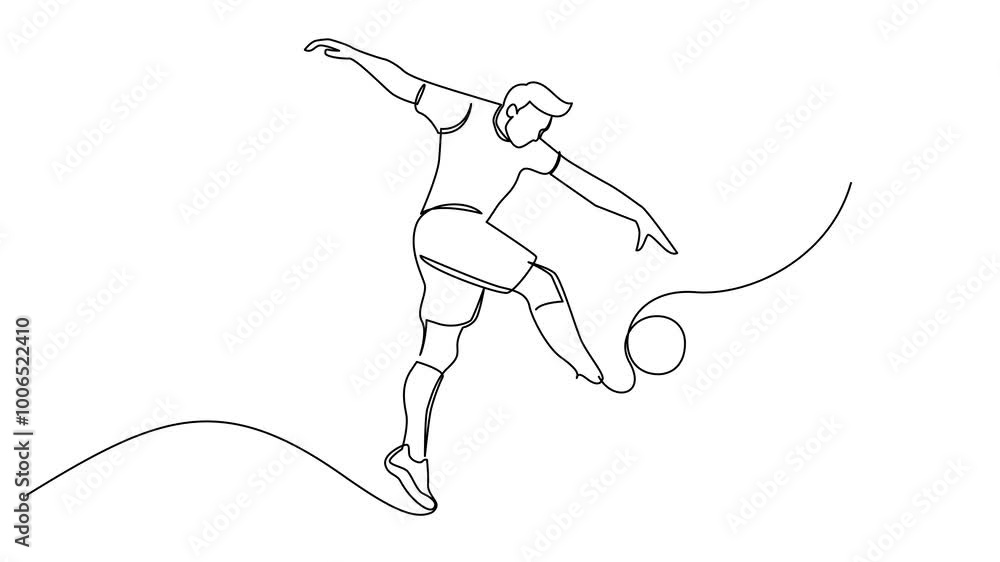 Continuous line drawing of football player jump and fly to kicking ball. Single one line art of young man playing soccer ball template Continuous line drawing of football player jump and fly to kicking ball. Single one line art of young man playing soccer ball template
