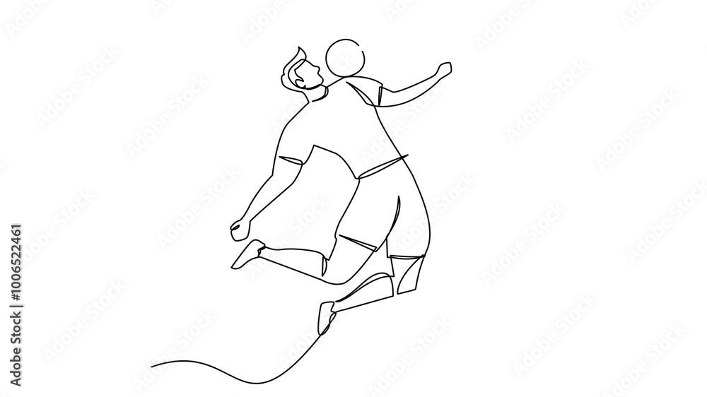 Continuous line drawing of football player jump and fly to kicking ball. Single one line art of young man playing soccer ball template Continuous line drawing of football player jump and fly to kicking ball. Single one line art of young man playing soccer ball template