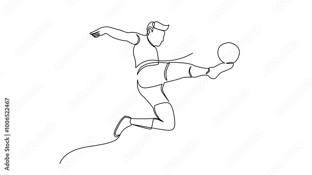 Continuous line drawing of football player jump and fly to kicking ball. Single one line art of young man playing soccer ball template Continuous line drawing of football player jump and fly to kicking ball. Single one line art of young man playing soccer ball template