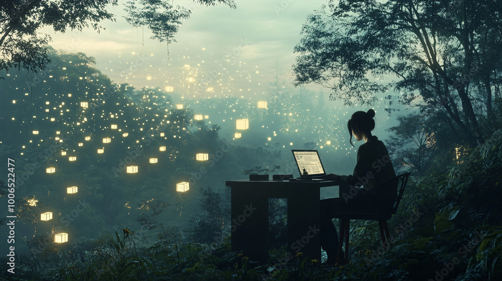 custom made wallpaper toronto digitalWoman working on a laptop in a forest with glowing lights