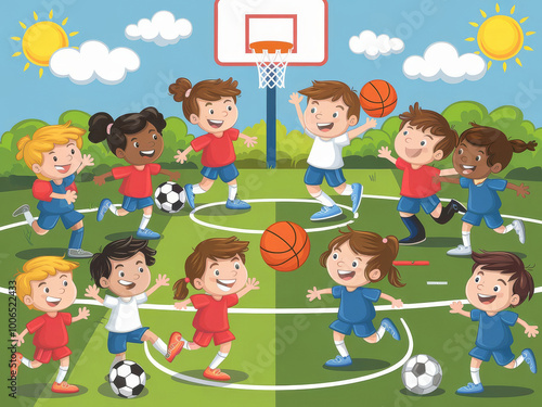 Lively group of kids playing sports games on a sunny day in the park
