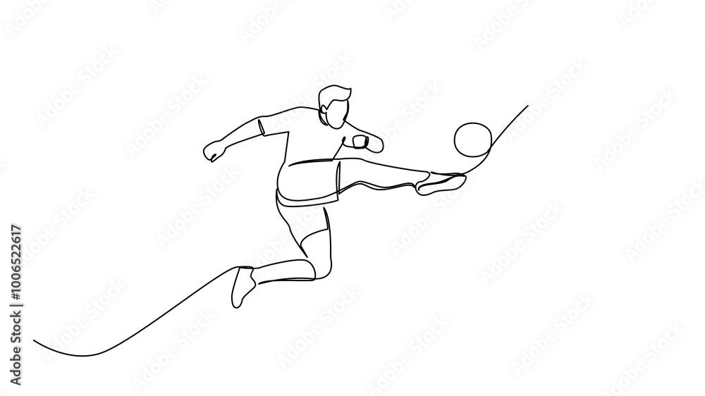 Continuous line drawing of football player jump and fly to kicking ball. Single one line art of young man playing soccer ball template Continuous line drawing of football player jump and fly to kicking ball. Single one line art of young man playing soccer ball template