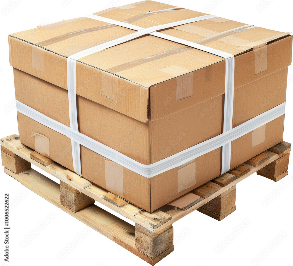A large cardboard box secured on a pallet. A large cardboard box secured on a pallet.