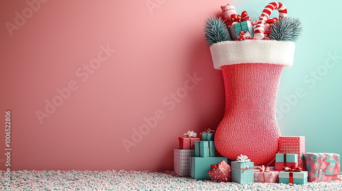 Xmas new year background pastel with copy space Christmas stocking with gifts and decorations photo