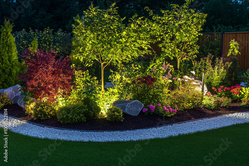 Fototapeta Naklejka Na Ścianę i Meble -  Nighttime garden with trees, shrubs, and flowers beautifully illuminated by soft lighting, highlighting vibrant foliage and landscaping design.
