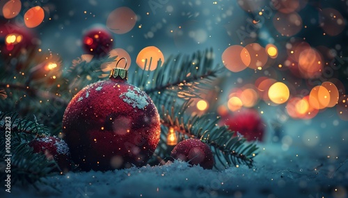 Red Christmas ornament in snow, christmas background, christmas banner