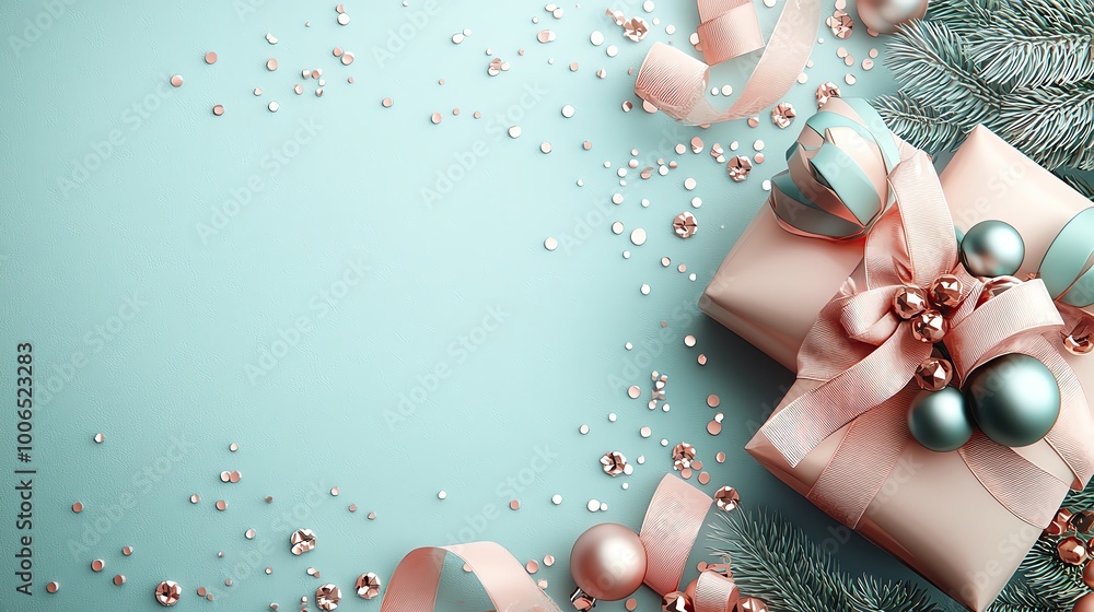 Naklejka premium Xmas new year background pastel with copy space Gift box with festive decorations