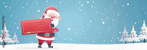 Santa Claus holding a large red sign board  in a snowy landscape, christmas banner, christmas dsign, background