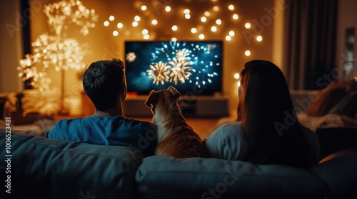 Couple Watching Fireworks on Television