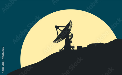 Vektor Silhouette Radioteleskop in den Bergen vor dem aufgehenden Mond bei Nacht - Überwachung und Analyse