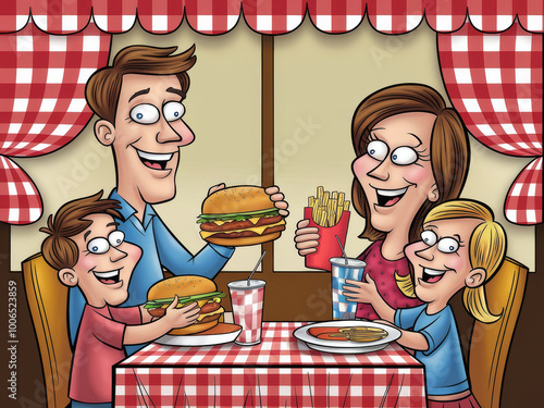 Animated family enjoying fast food meal in retro diner setting