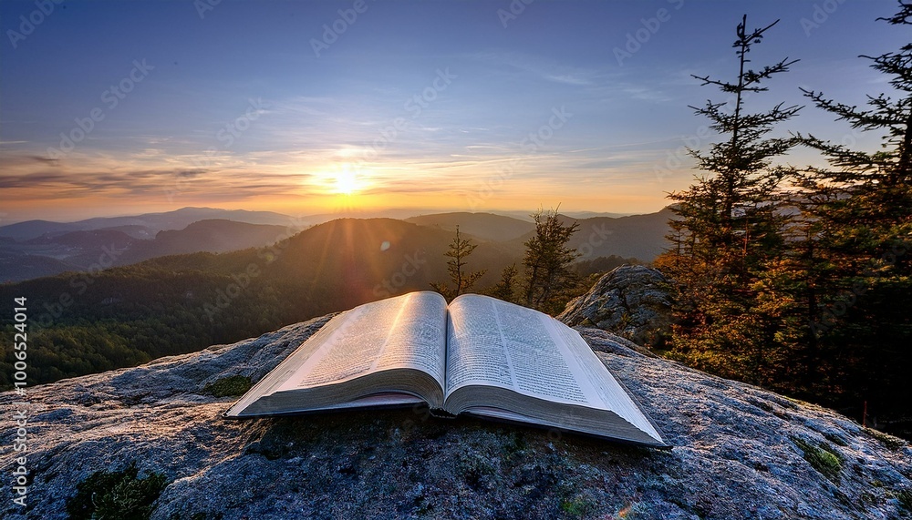Obraz premium The Bible in the Foggy Lakeside Morning. An open Bible rests on a weathered dock, with mist rising gently from the lake.