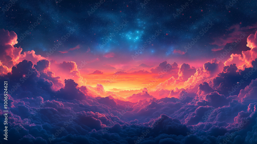 Celestial Sunset: Dreamlike cloudscape ablaze with vibrant hues of orange, purple, and blue under a starlit sky. A surreal, otherworldly landscape perfect for fantasy, sci-fi, or dreamy concepts. Celestial Sunset: Dreamlike cloudscape ablaze with vibrant hues of orange, purple, and blue under a starlit sky. A surreal, otherworldly landscape perfect for fantasy, sci-fi, or dreamy concepts.
