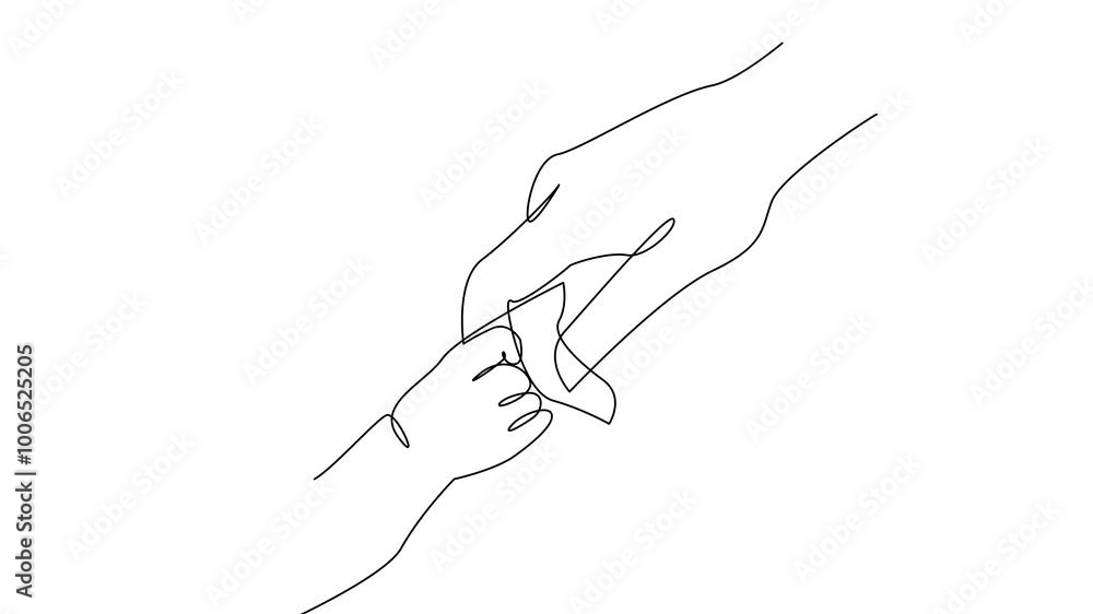 Baby child holding adult hands continuous line drawing. Vector illustration on white background