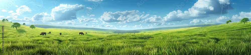 Grassland Prairie: A sweeping grassland prairie with tall grasses, grazing bison, and a wide open sky. Grassland Prairie: A sweeping grassland prairie with tall grasses, grazing bison, and a wide open sky.