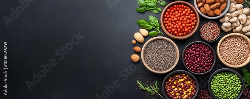 Colorful spices and nuts arranged in bowls on a dark surface, perfect for culinary and health-themed projects.