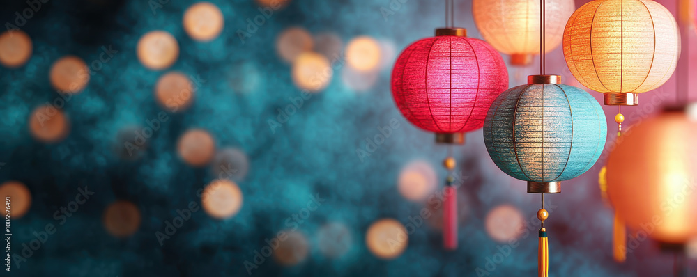Fototapeta premium Brightly lit festival lanterns hanging against blurred background create vibrant atmosphere, perfect for celebrations and gatherings. colorful lanterns add festive touch to any occasion