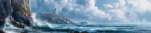 Wallpaper Mural Coastal Cliff: A rugged coastal cliff scene with crashing waves below, seabirds soaring overhead, and a distant lighthouse Torontodigital.ca