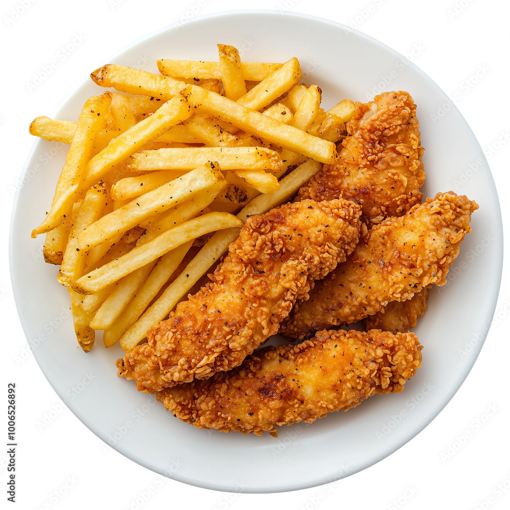 Crispy chicken strips with French fries in a white plate top view isolated on transparent or white background Crispy chicken strips with French fries in a white plate top view isolated on transparent or white background