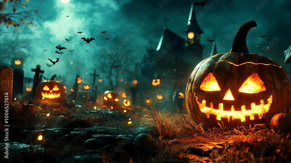 Spooky Halloween Graveyard Scene with Glowing Jack-O'-Lanterns Spooky Halloween Graveyard Scene with Glowing Jack-O'-Lanterns