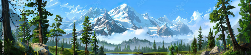 Fototapeta premium Snowy Mountain Peak: A snow-capped mountain peak scene with evergreen trees, a clear mountain stream, and a crisp, cold air