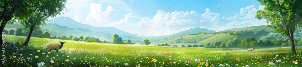 Countryside Meadow: A peaceful countryside meadow scene with rolling hills, wildflowers, and grazing sheep Countryside Meadow: A peaceful countryside meadow scene with rolling hills, wildflowers, and grazing sheep