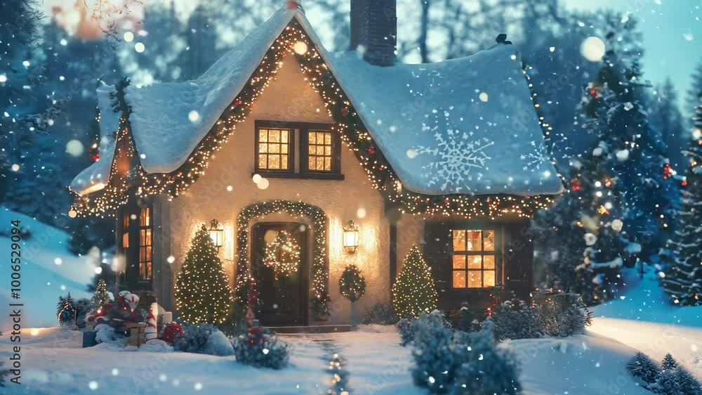 Christmas house in snowy landscape, decorated with lights and ornaments, warm and festive atmosphere Christmas house in snowy landscape, decorated with lights and ornaments, warm and festive atmosphere