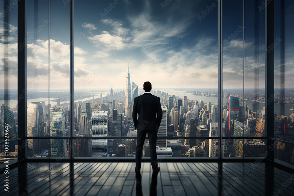 Business man in suit in office looking at modern city with skyscrapers through panoramic window Business man in suit in office looking at modern city with skyscrapers through panoramic window