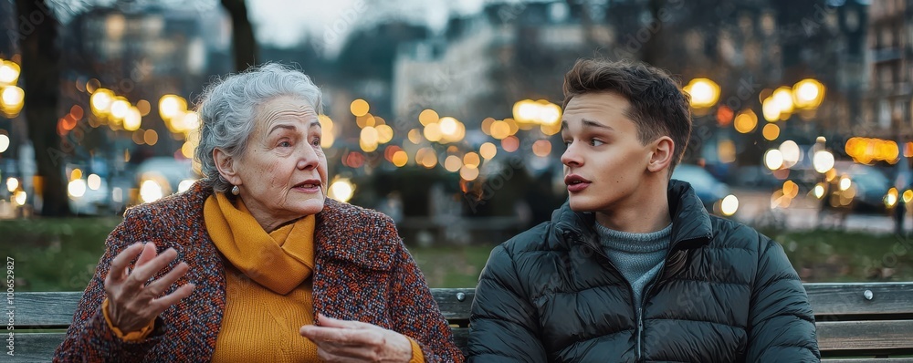 Grandmother and grandson talking about something. Winter concept. Generative AI. Grandmother and grandson talking about something. Winter concept. Generative AI.