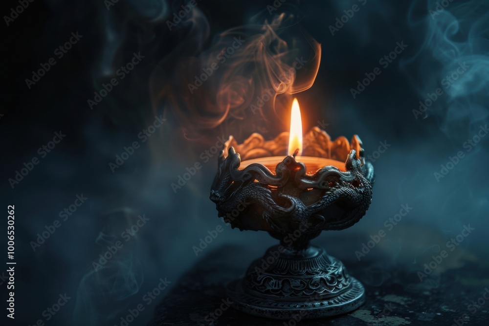 Gothic candle in a dragon motif holder, flickering light, dark and misty background Gothic candle in a dragon motif holder, flickering light, dark and misty background