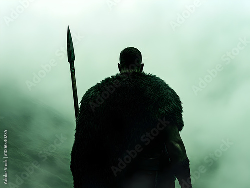 A formidable Celtic warrior, dressed in traditional furs and wielding a spear, standing against the backdrop of mist-covered hills, ready to defend his tribe with fierce pride. Celtic warrior on a mis photo