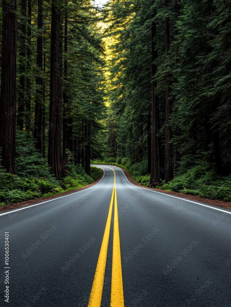 Fototapeta premium A serene road winding through a dense forest, lined with towering trees, inviting adventure and exploration.