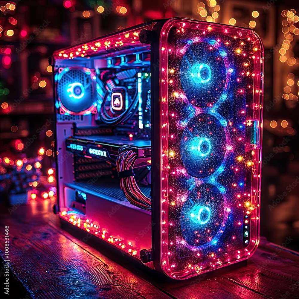 A brightly illuminated gaming computer tower is placed on a wooden surface. The case is adorned with vibrant, multicolored LED lights, surrounding the three large cooling fans and other internal compo A brightly illuminated gaming computer tower is placed on a wooden surface. The case is adorned with vibrant, multicolored LED lights, surrounding the three large cooling fans and other internal compo