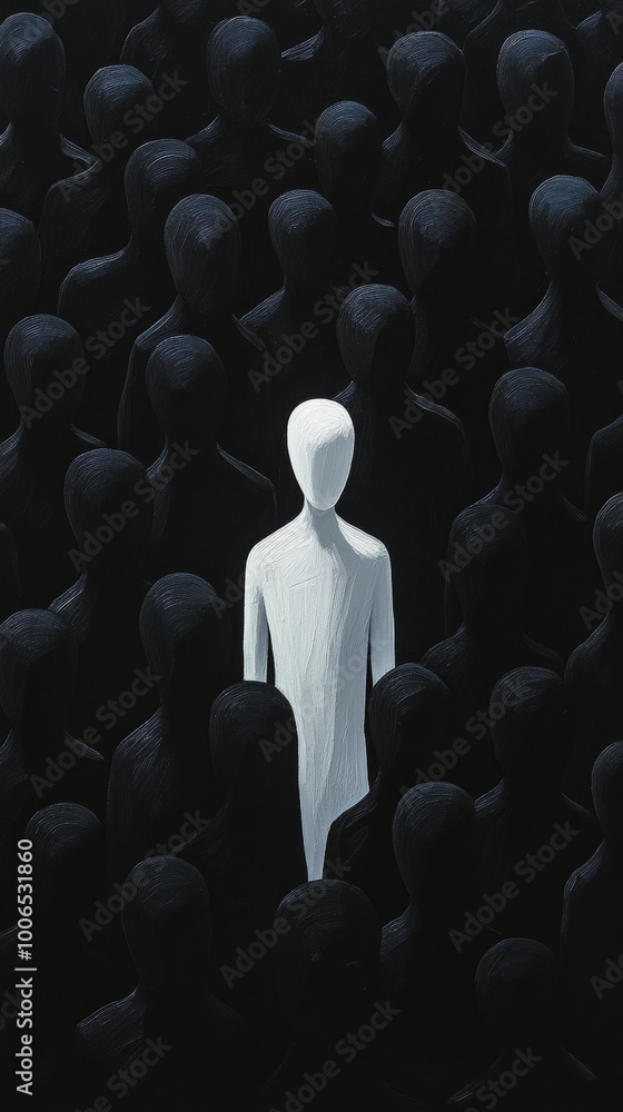 Obraz premium White figure standing out among dark crowd, individuality concept
