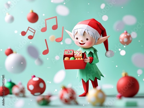 Cheerful Christmas Elf Holding a Musical Gift in a Festive Winter Background