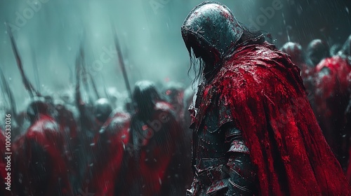 A medieval warrior, clad in dark, heavy armor and a tattered red cape, stands pensively against a foggy battlefield filled with similarly armored soldiers. The red capes and armor details are striking