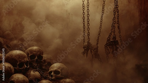 A pile of skulls in a foggy, dimly lit setting with chains hanging from above.