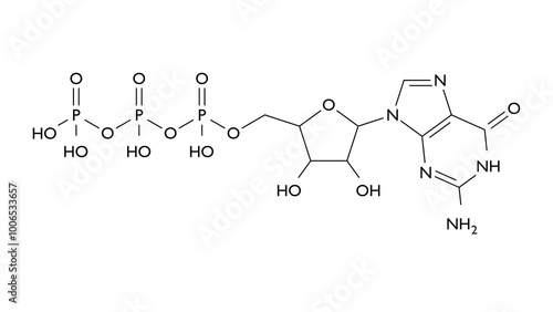 guanosine triphosphate molecule, structural chemical formula, ball-and-stick model, isolated image purine nucleoside triphosphate