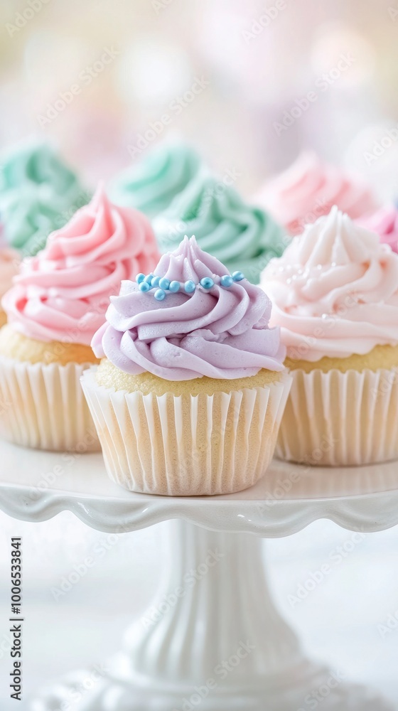 A charming display of cupcakes with intricate icing designs, arranged on an elegant cake stand A charming display of cupcakes with intricate icing designs, arranged on an elegant cake stand