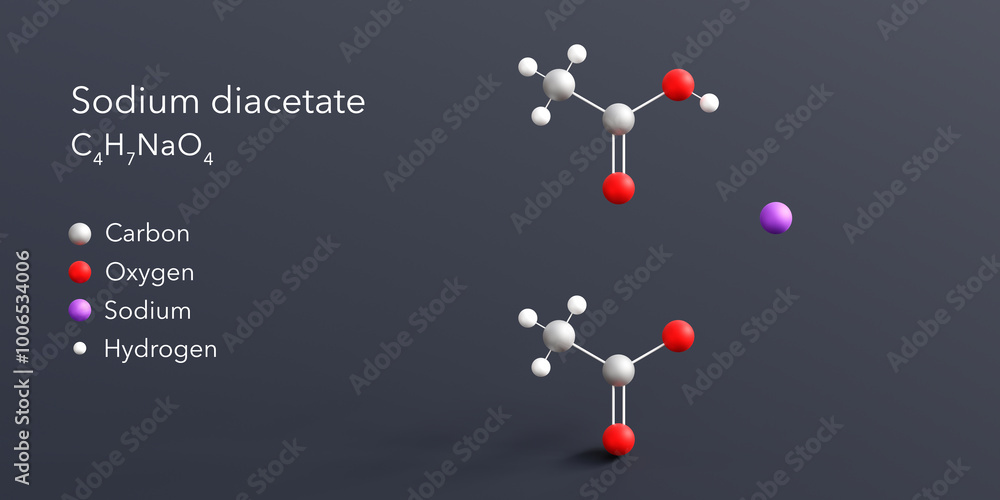 sodium diacetate molecule 3d rendering, flat molecular structure with chemical formula and atoms color coding sodium diacetate molecule 3d rendering, flat molecular structure with chemical formula and atoms color coding