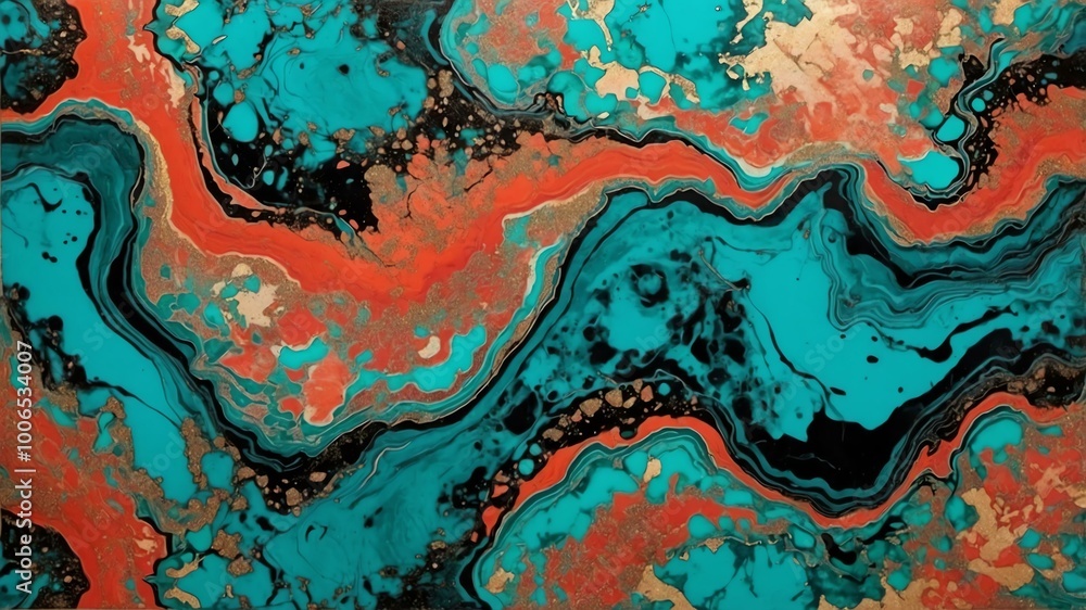 glittery turquoise and coral abstract pattern on a marbled background, highlighted by black lines glittery turquoise and coral abstract pattern on a marbled background, highlighted by black lines
